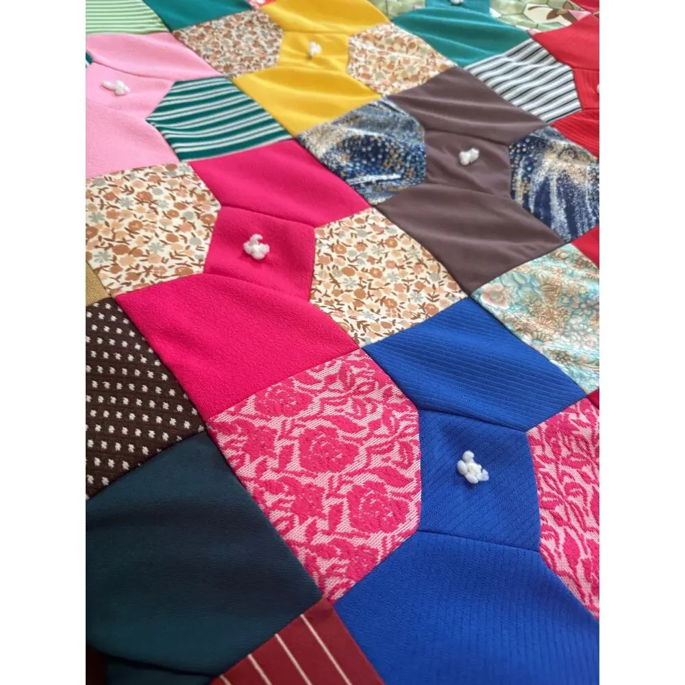 Vintage Handmade Double Knit Polyester Bow Tie Patchwork Tied Quilt Queen